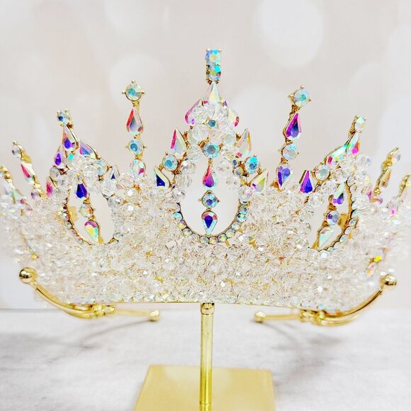 Gold Princess Crown, Prom headpiece, Bridal tiara, Diamond Crystal wedding crown main image 5